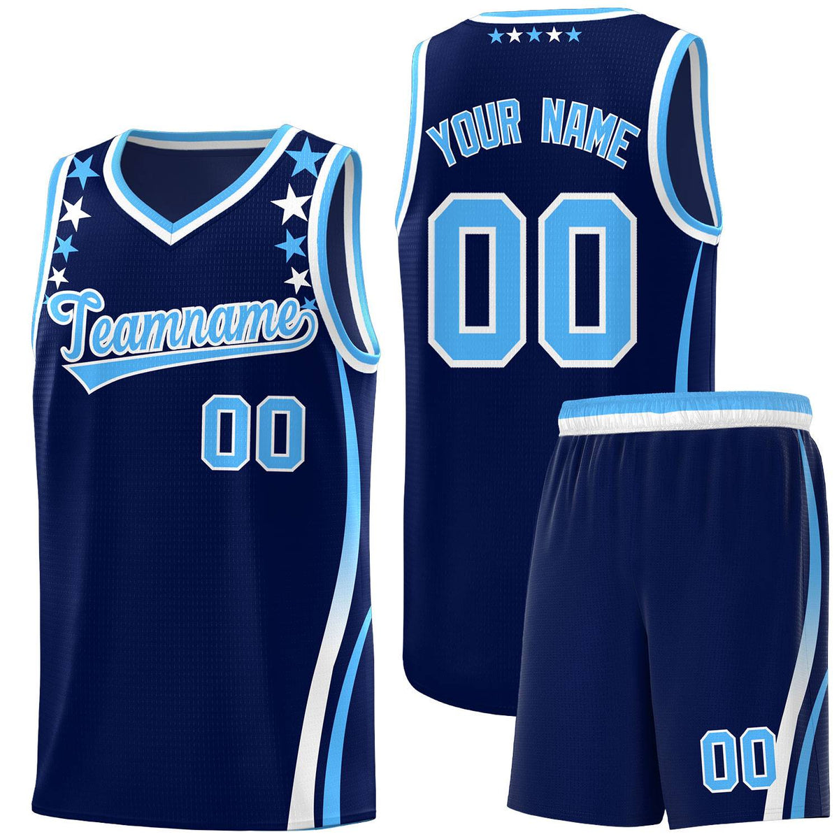 Custom Navy Shoulders Star Pattern Side Color Block Sports Uniform Basketball Kits