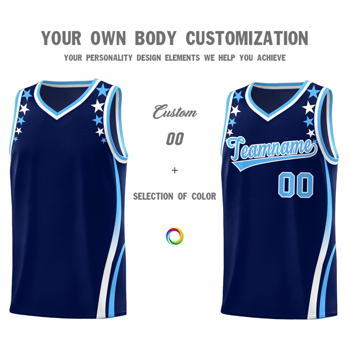 Custom Navy Shoulders Star Pattern Side Color Block Sports Uniform Basketball Kits