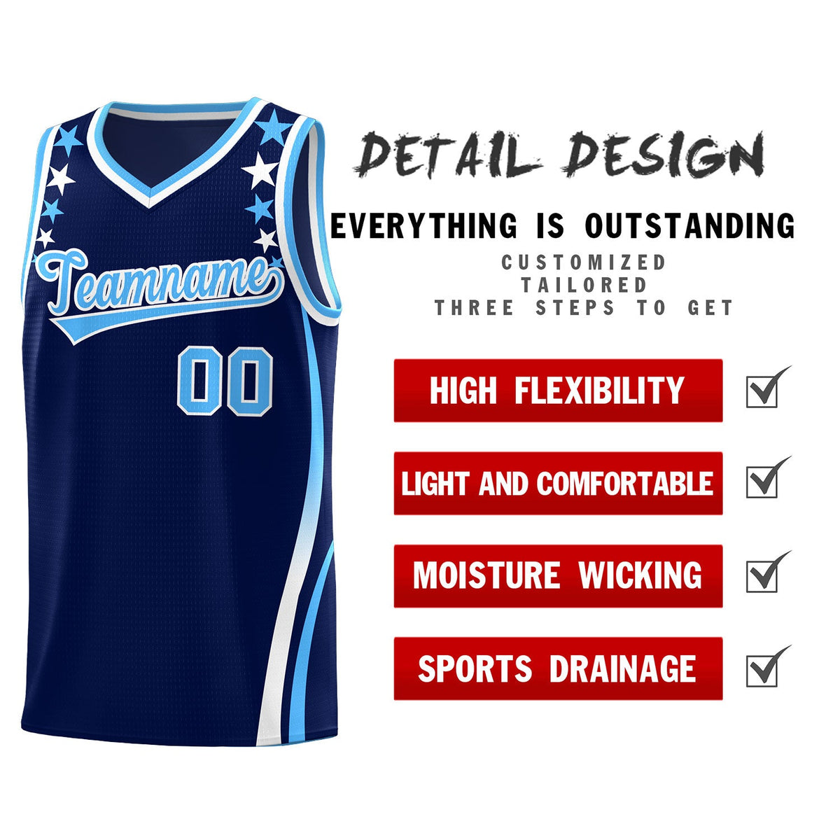 Custom Navy Shoulders Star Pattern Side Color Block Sports Uniform Basketball Kits