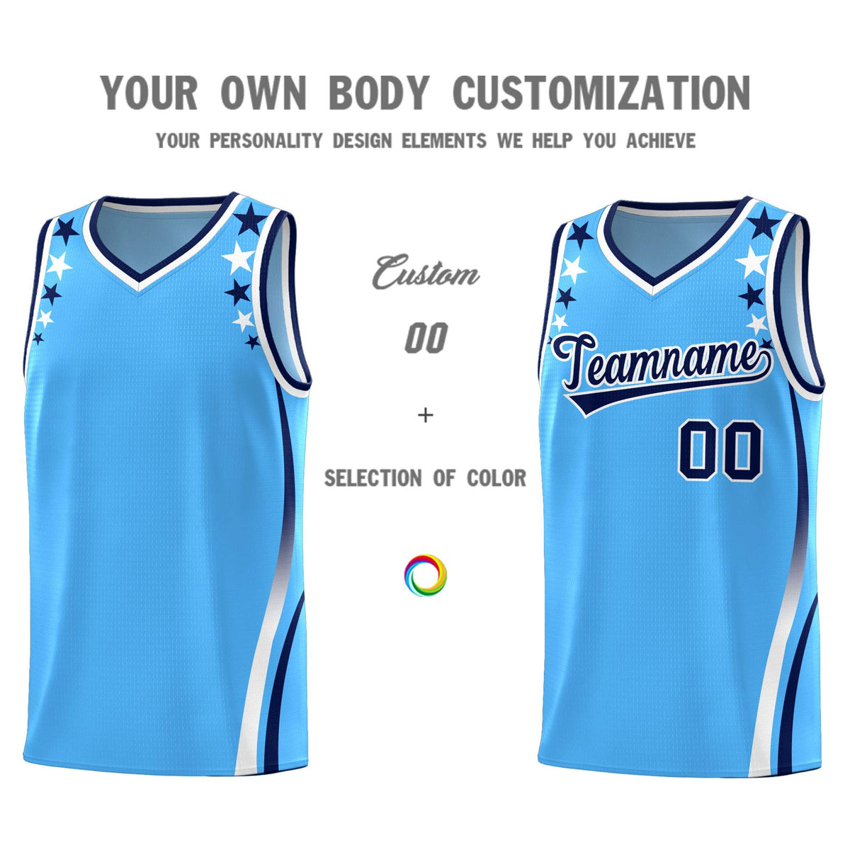Custom Light Blue Shoulders Star Pattern Side Color Block Sports Uniform Basketball Kits