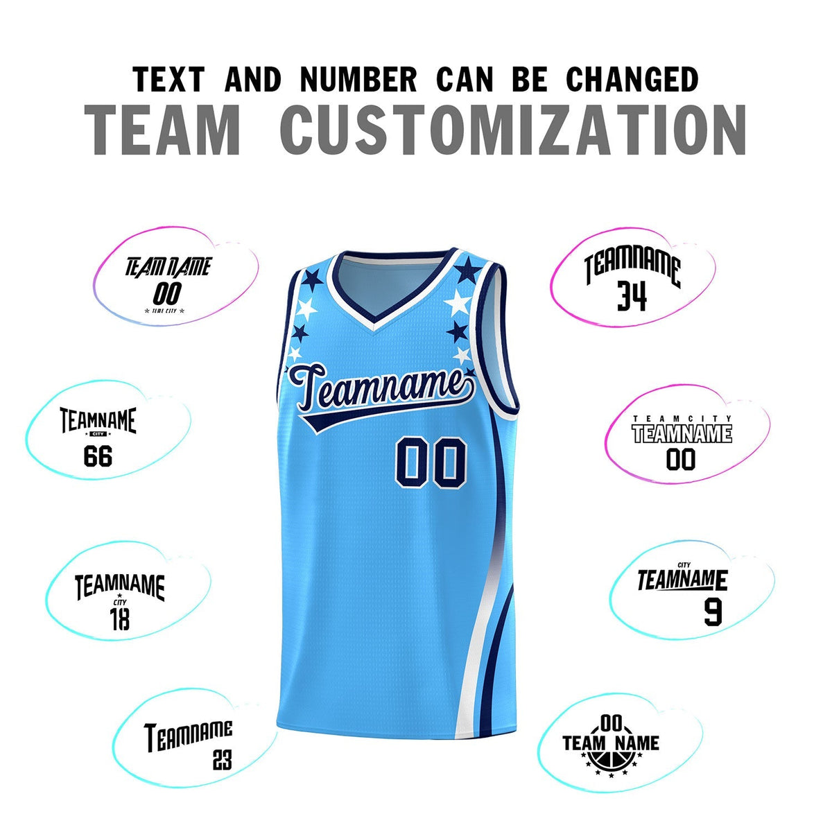 Custom Light Blue Shoulders Star Pattern Side Color Block Sports Uniform Basketball Kits