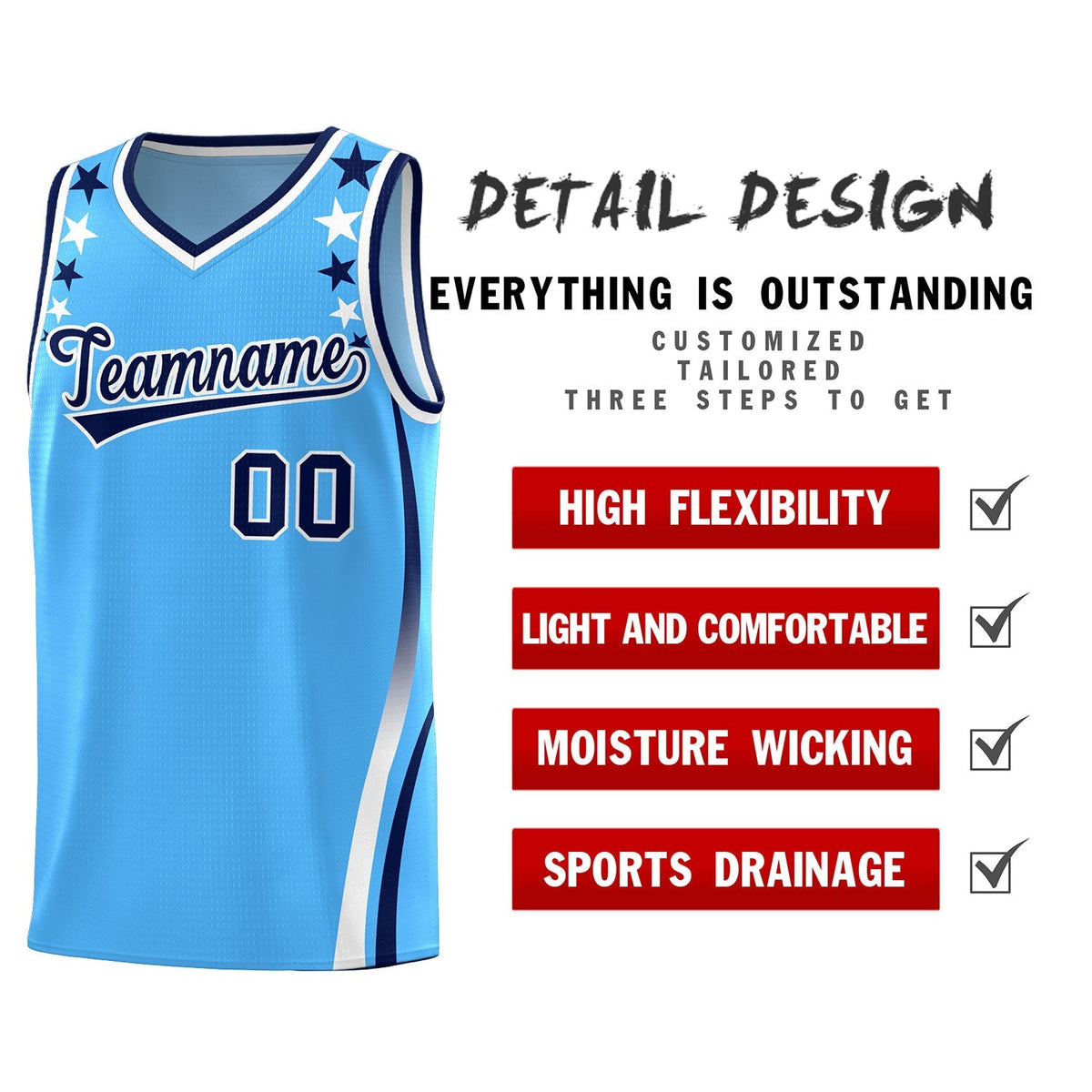 Custom Light Blue Shoulders Star Pattern Side Color Block Sports Uniform Basketball Kits