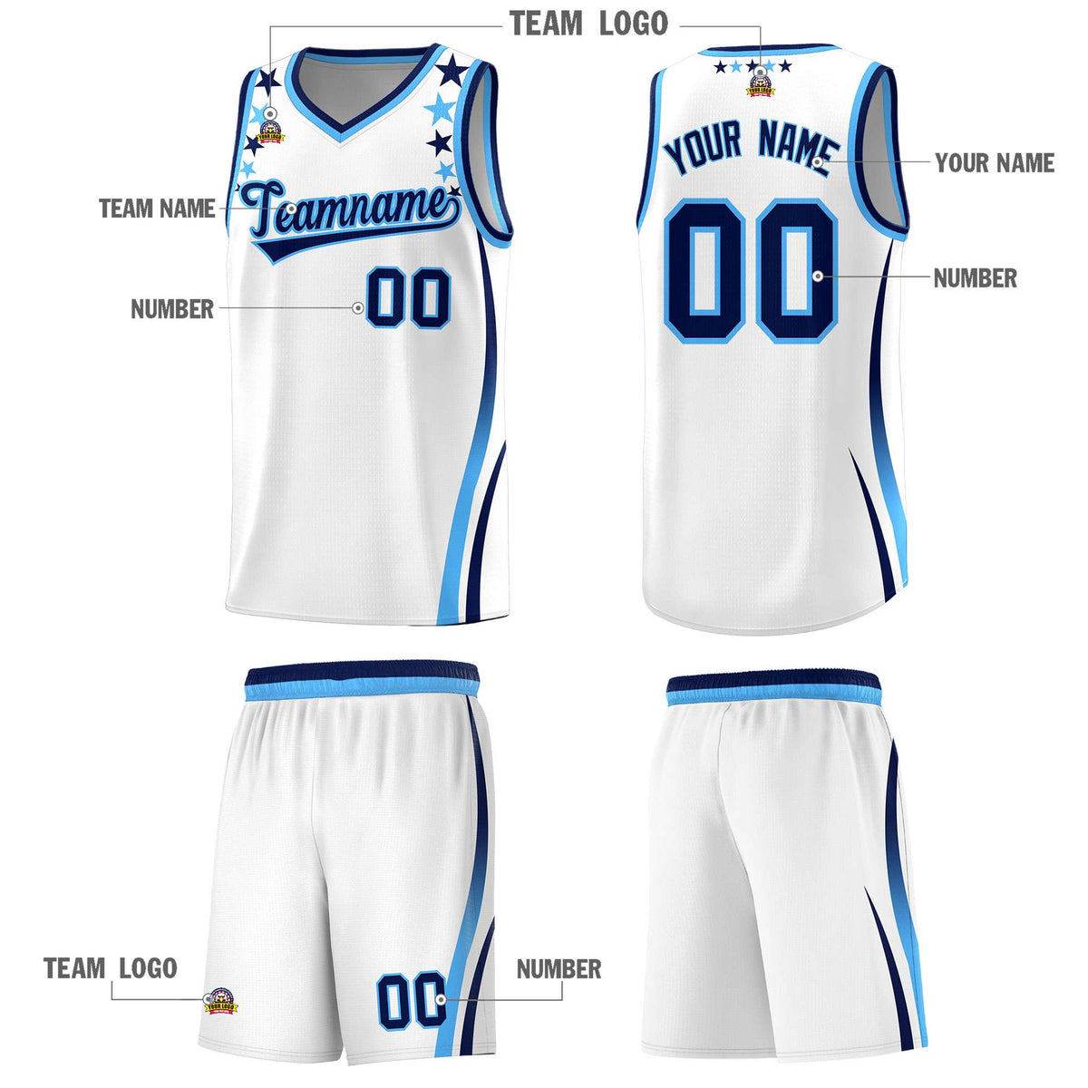 Custom White Shoulders Star Pattern Side Color Block Sports Uniform Basketball Kits