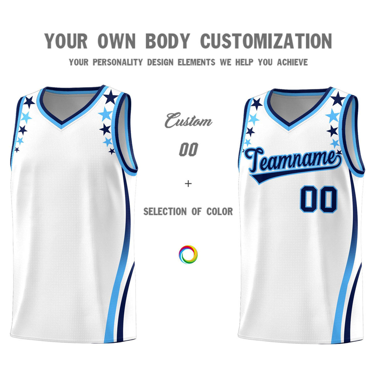 Custom White Shoulders Star Pattern Side Color Block Sports Uniform Basketball Kits