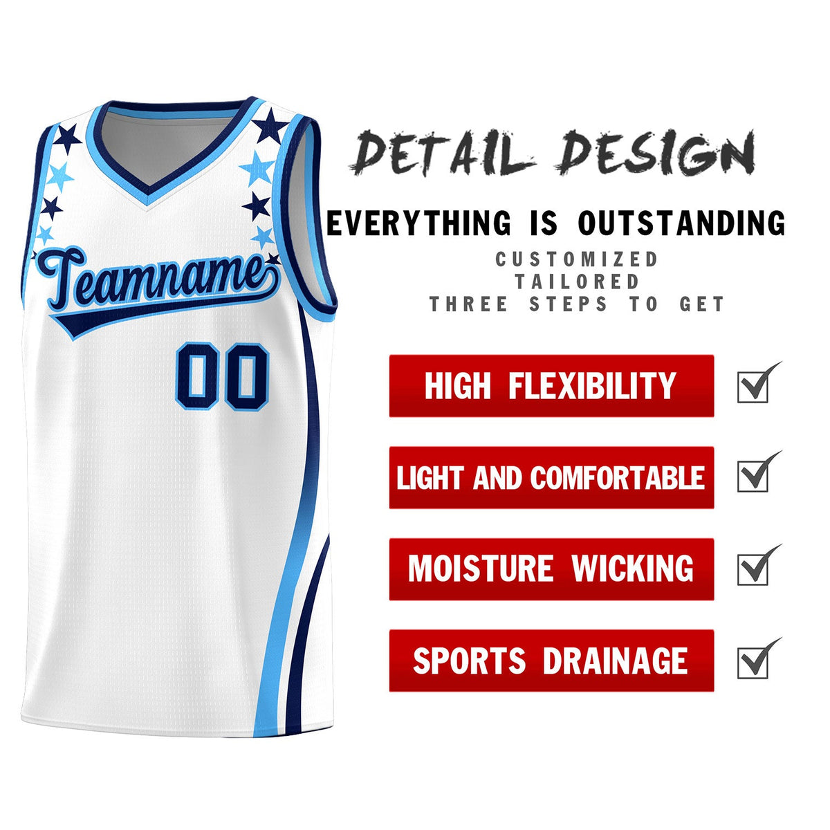 Custom White Shoulders Star Pattern Side Color Block Sports Uniform Basketball Kits