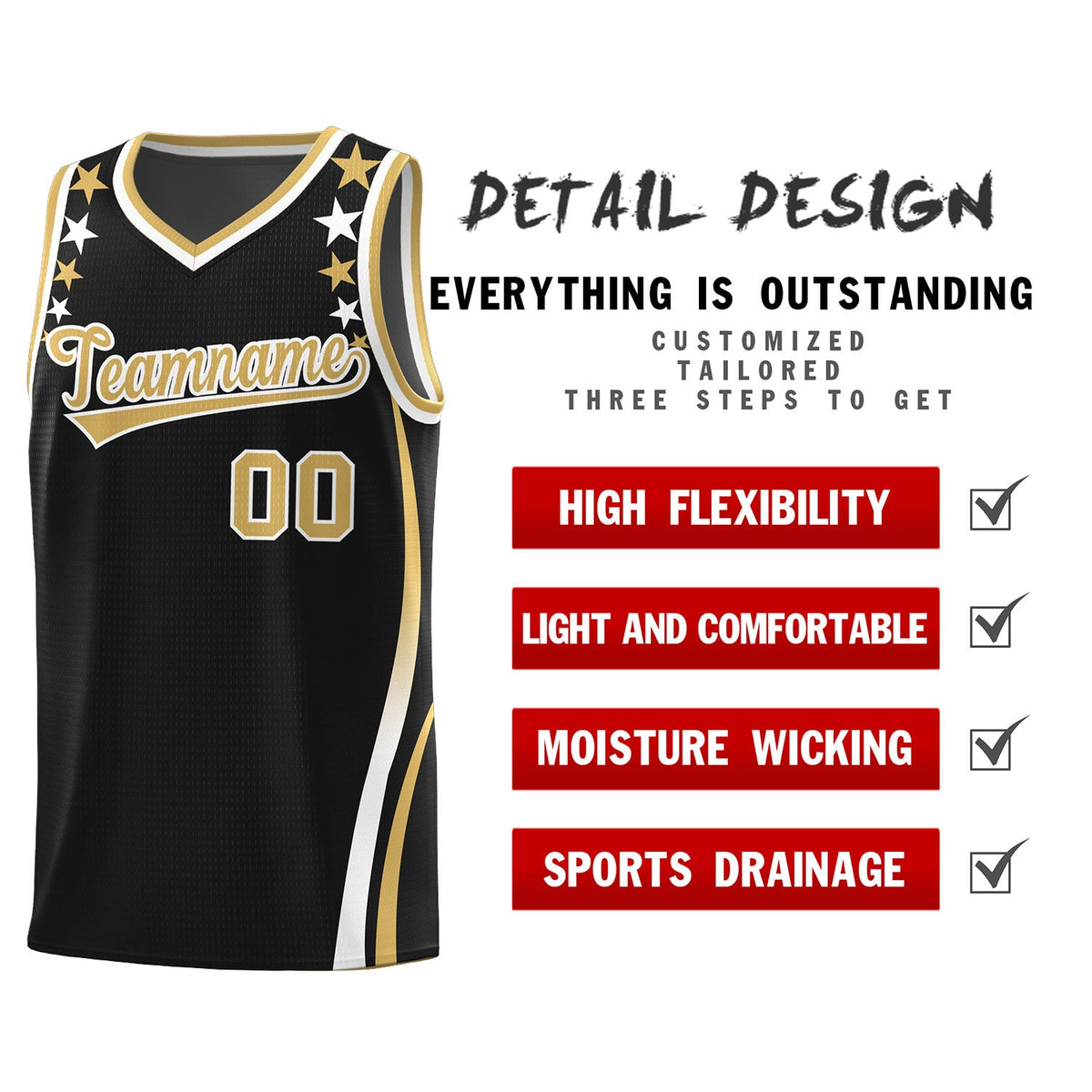 Custom Black Shoulders Star Pattern Side Color Block Sports Uniform Basketball Kits