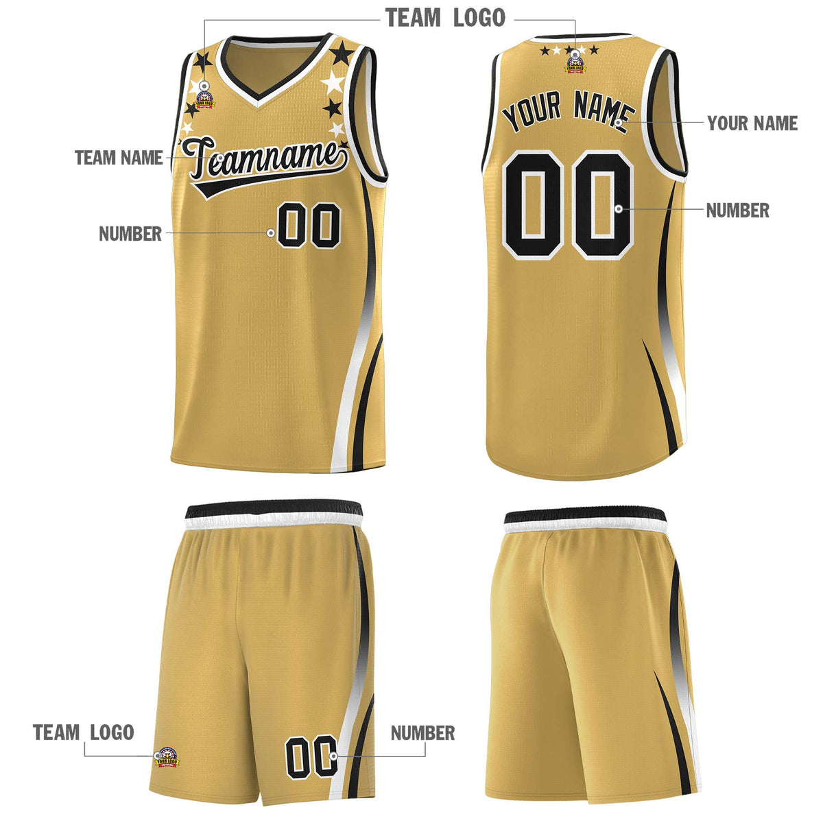 Custom Old Gold Shoulders Star Pattern Side Color Block Sports Uniform Basketball Kits