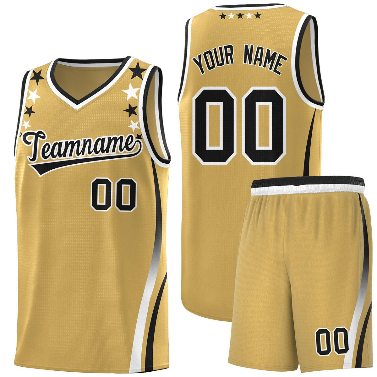 Custom Old Gold Shoulders Star Pattern Side Color Block Sports Uniform Basketball Kits