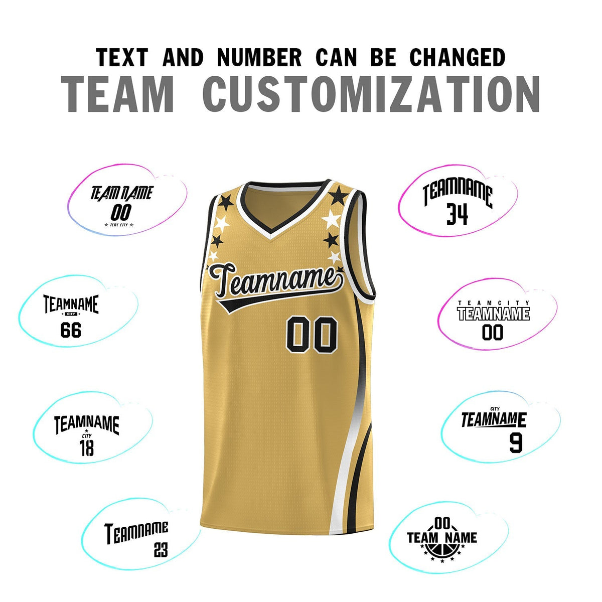 Custom Old Gold Shoulders Star Pattern Side Color Block Sports Uniform Basketball Kits