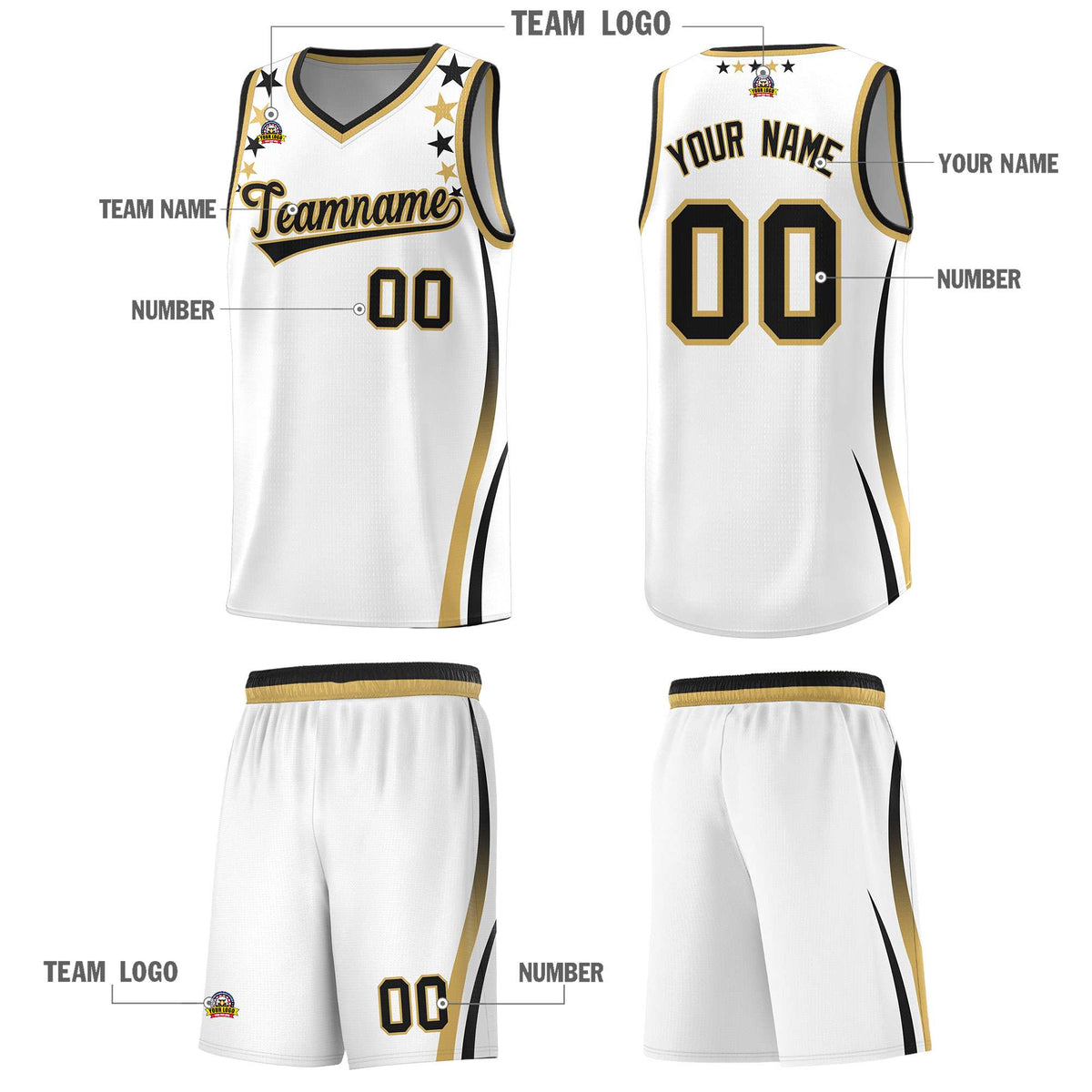 Custom White Shoulders Star Pattern Side Color Block Sports Uniform Basketball Kits