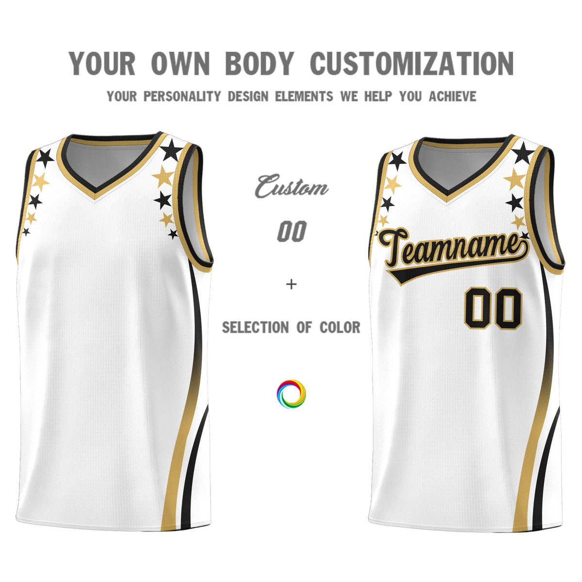 Custom White Shoulders Star Pattern Side Color Block Sports Uniform Basketball Kits