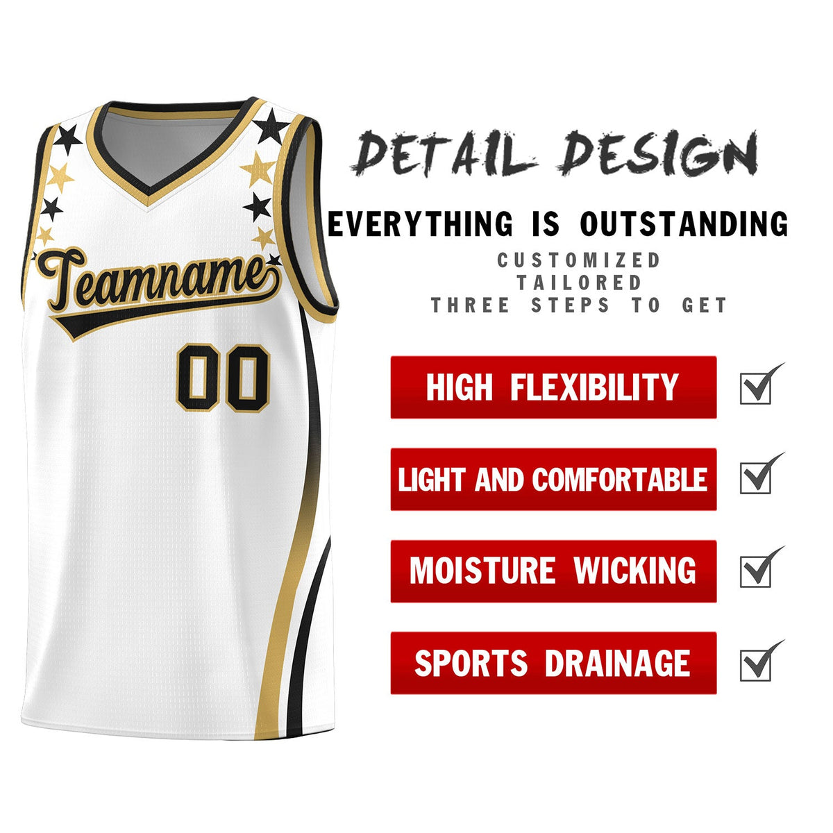 Custom White Shoulders Star Pattern Side Color Block Sports Uniform Basketball Kits