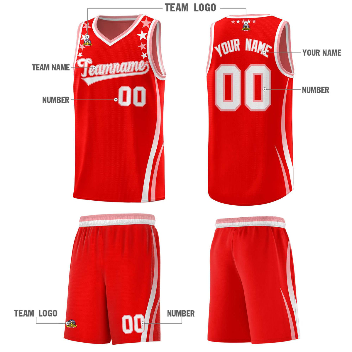 Custom Red Shoulders Star Pattern Side Color Block Sports Uniform Basketball Kits