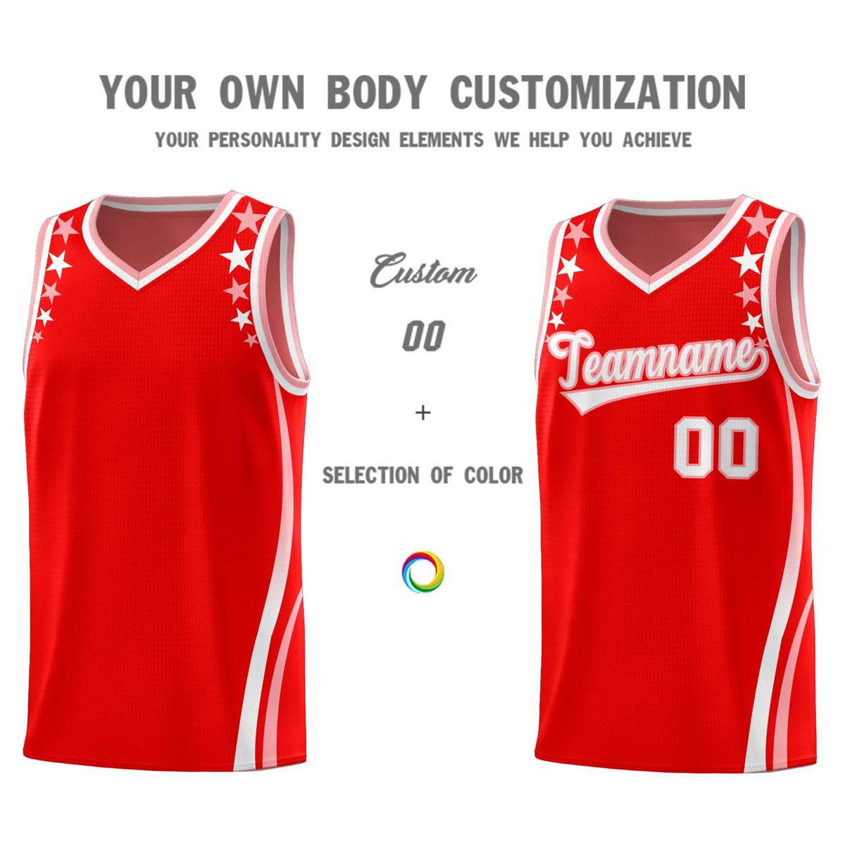 Custom Red Shoulders Star Pattern Side Color Block Sports Uniform Basketball Kits