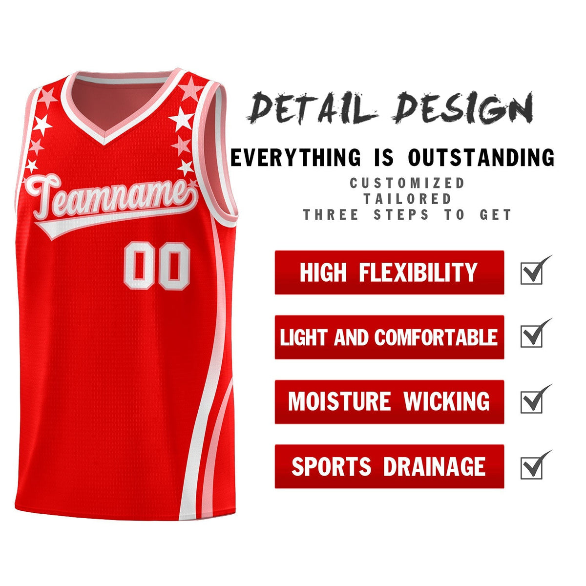 Custom Red Shoulders Star Pattern Side Color Block Sports Uniform Basketball Kits