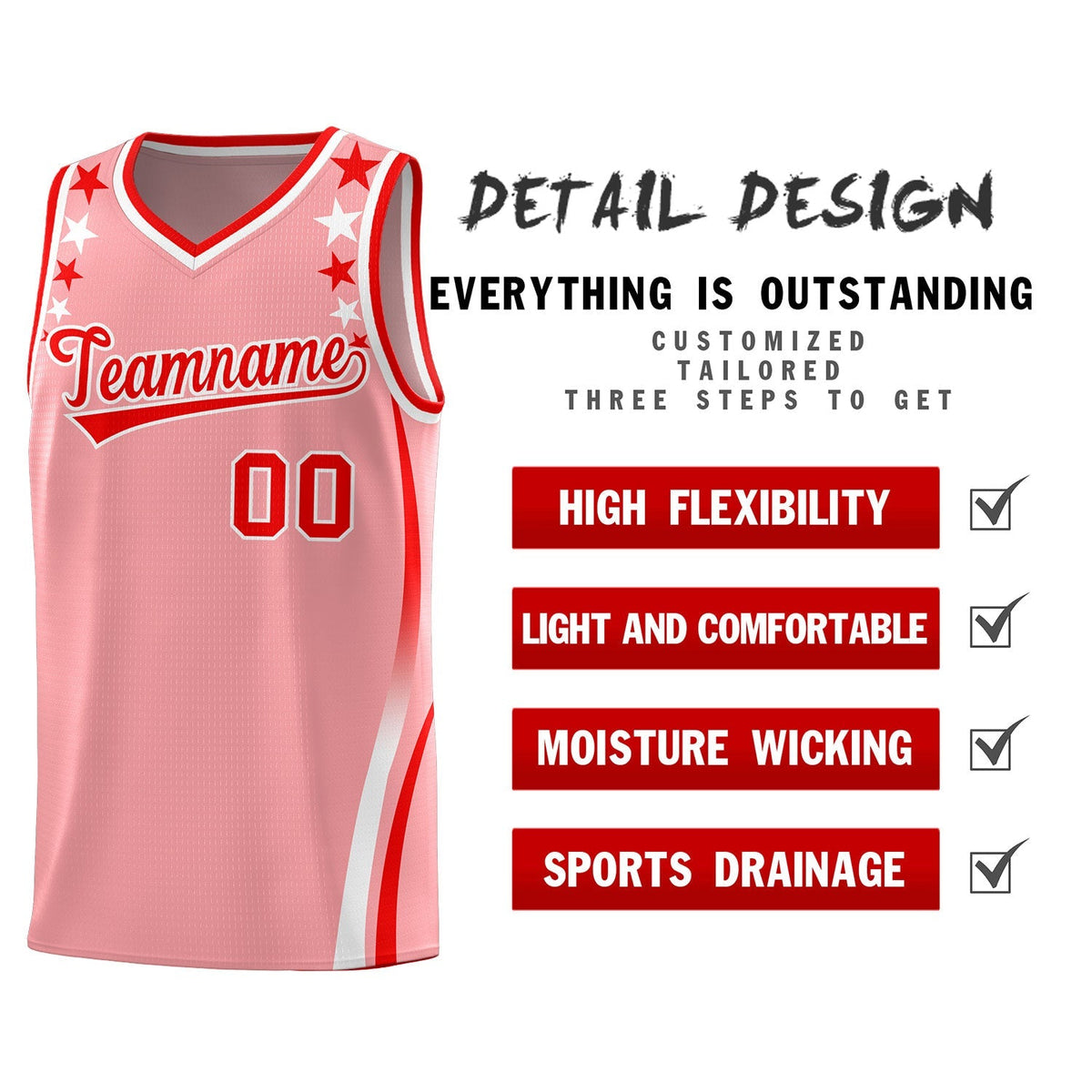 Custom Pink Shoulders Star Pattern Side Color Block Sports Uniform Basketball Kits