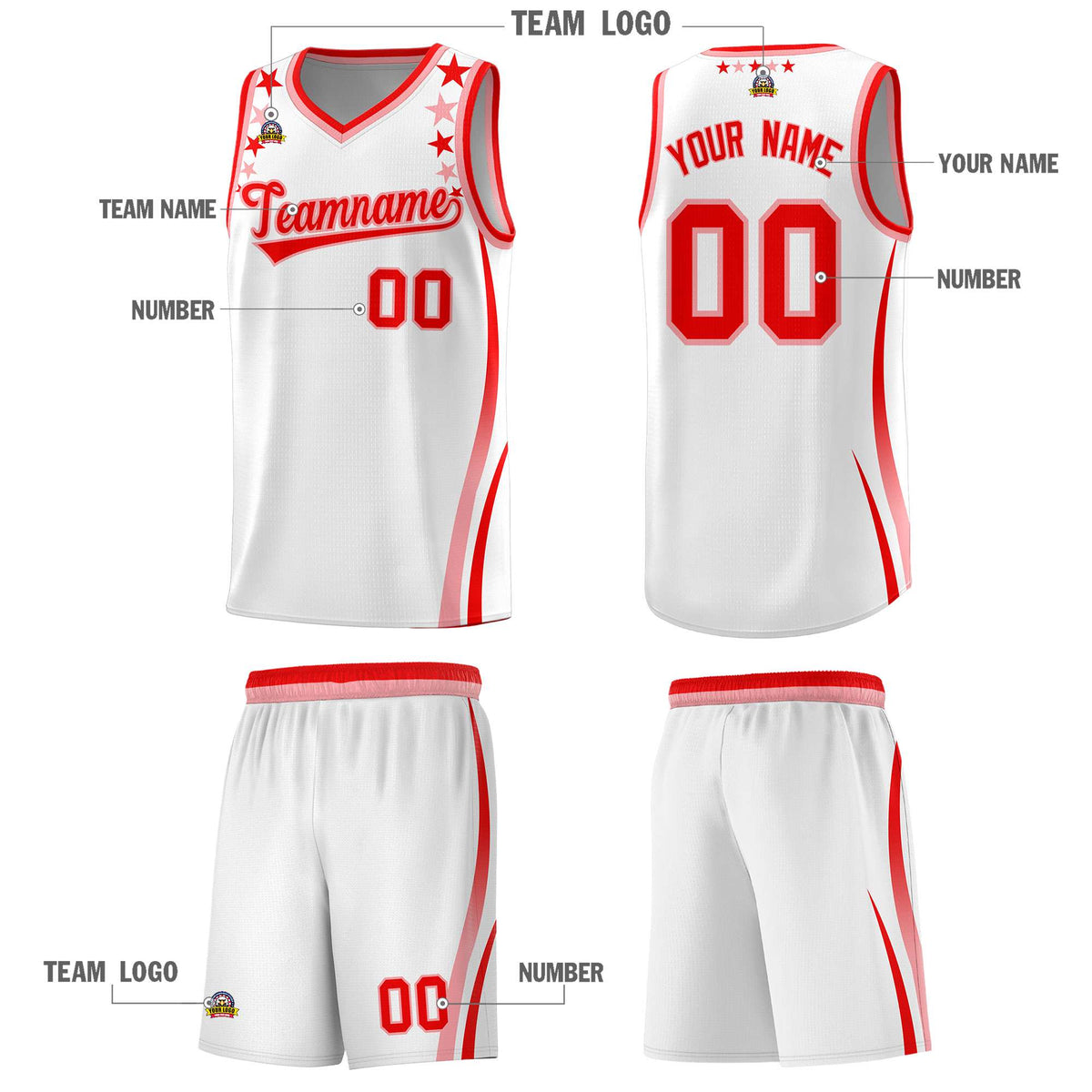 Custom White Shoulders Star Pattern Side Color Block Sports Uniform Basketball Kits