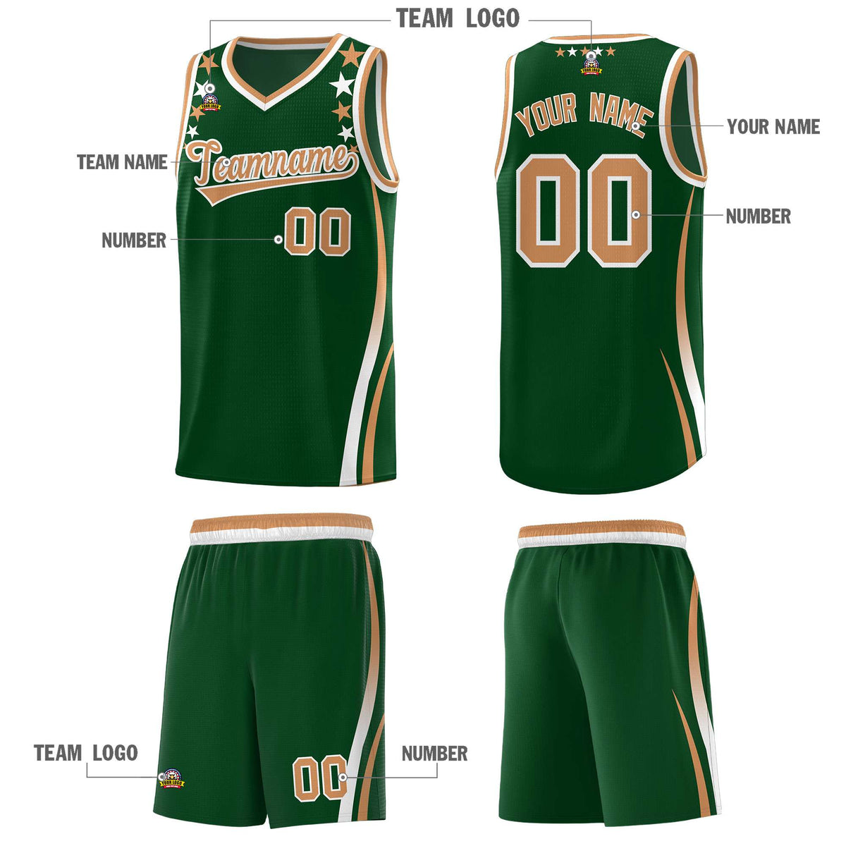 Custom Green Shoulders Star Pattern Side Color Block Sports Uniform Basketball Kits