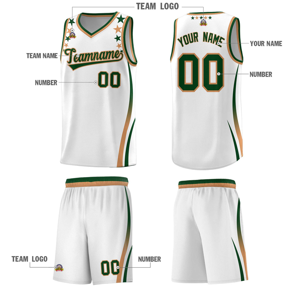 Custom White Shoulders Star Pattern Side Color Block Sports Uniform Basketball Kits