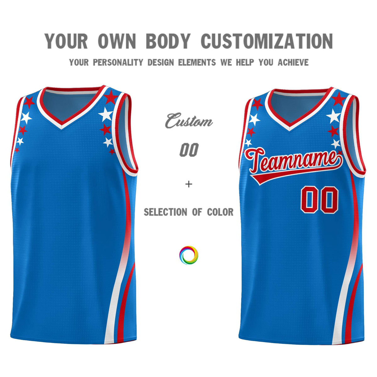 Custom Royal Shoulders Star Pattern Side Color Block Sports Uniform Basketball Kits