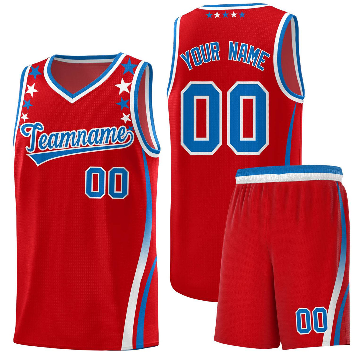Custom Red Shoulders Star Pattern Side Color Block Sports Uniform Basketball Kits