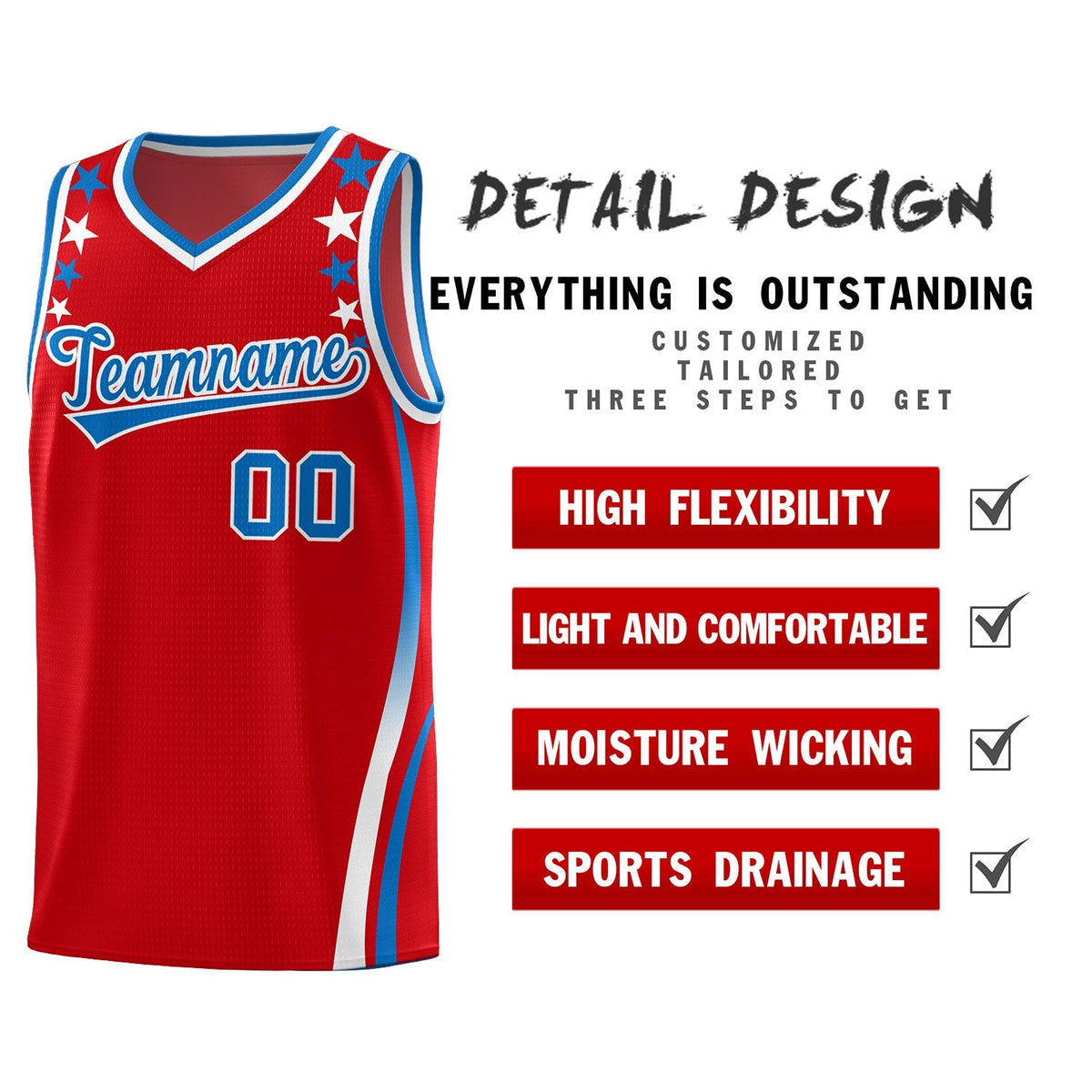 Custom Red Shoulders Star Pattern Side Color Block Sports Uniform Basketball Kits