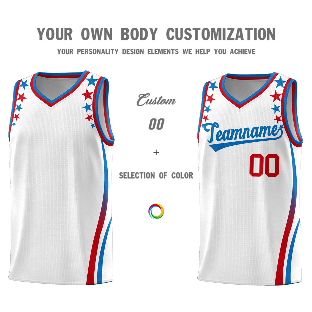 Custom White Shoulders Star Pattern Side Color Block Sports Uniform Basketball Kits