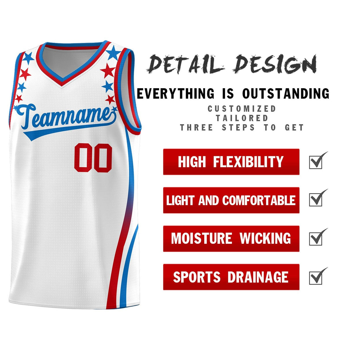 Custom White Shoulders Star Pattern Side Color Block Sports Uniform Basketball Kits