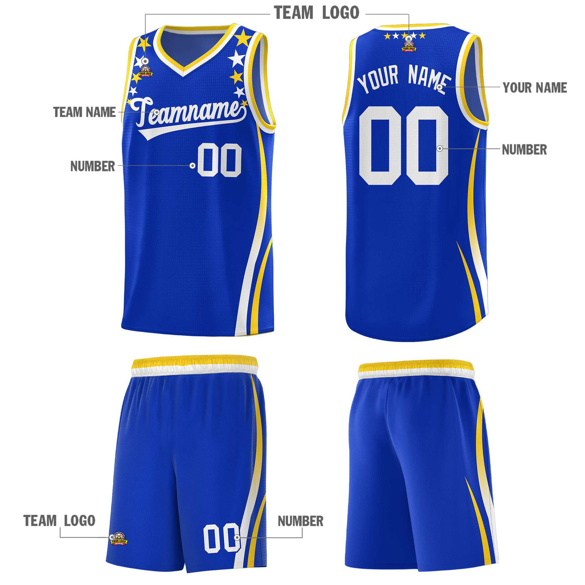 Custom Royal Shoulders Star Pattern Side Color Block Sports Uniform Basketball Kits
