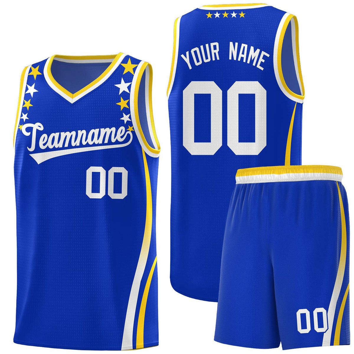 Custom Royal Shoulders Star Pattern Side Color Block Sports Uniform Basketball Kits