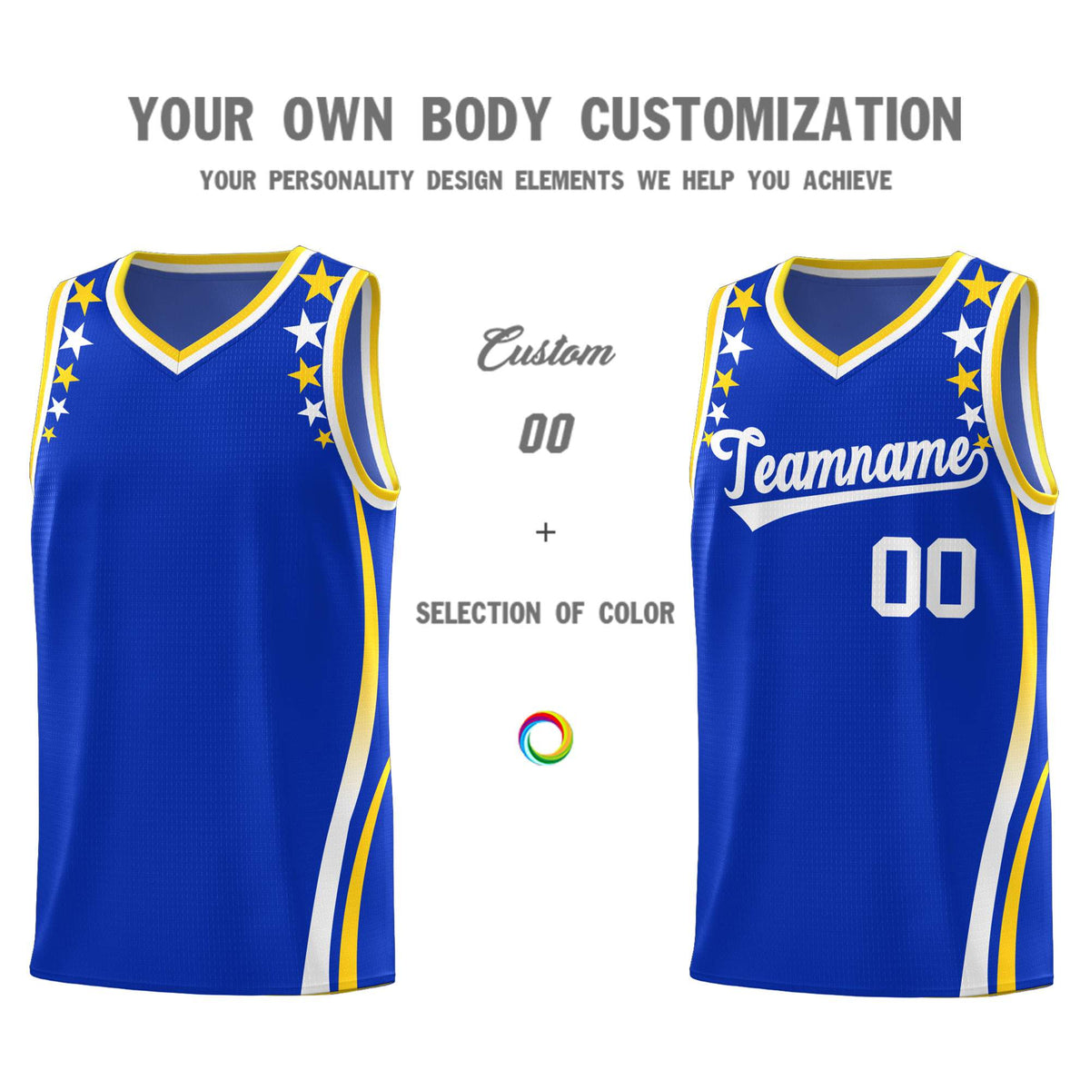 Custom Royal Shoulders Star Pattern Side Color Block Sports Uniform Basketball Kits