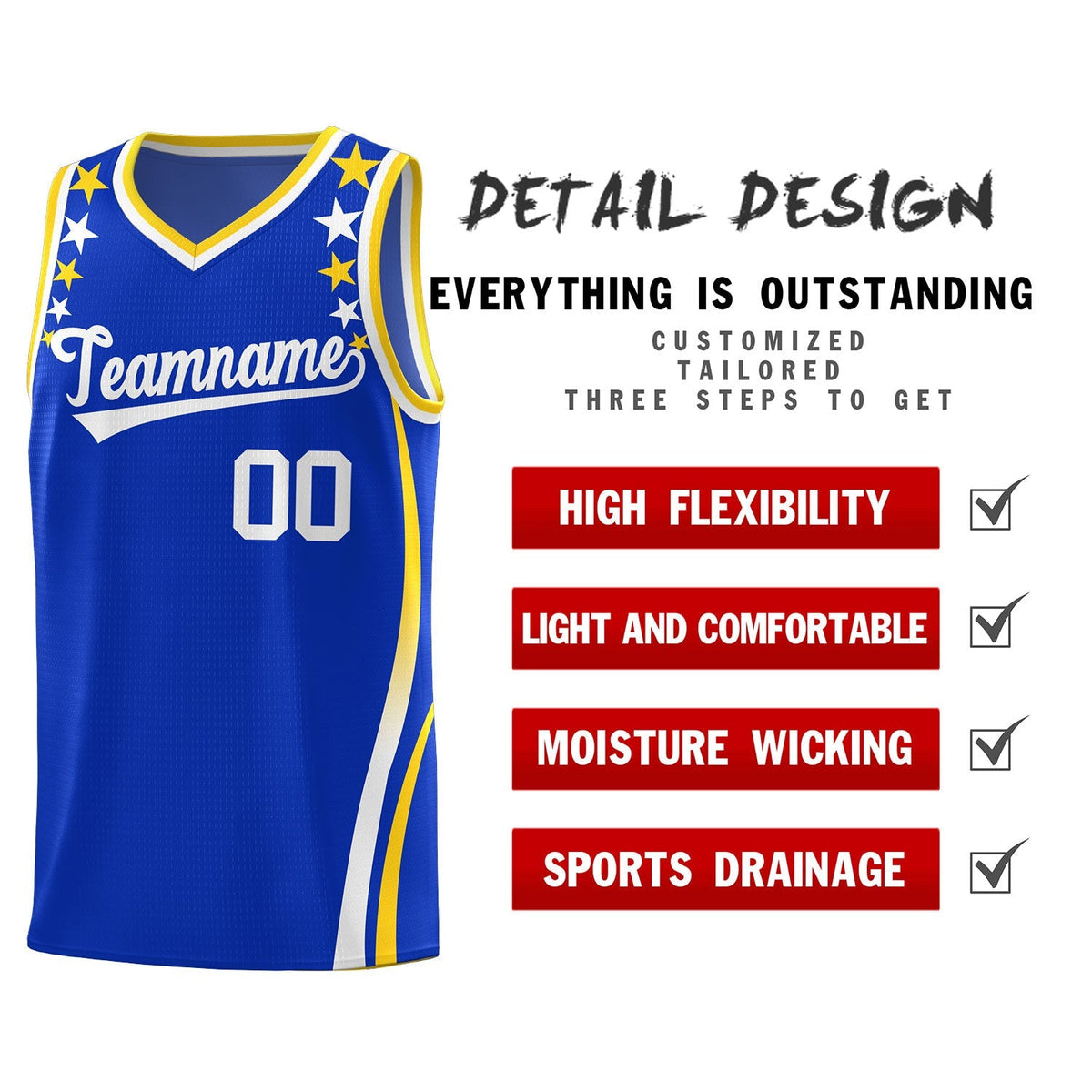 Custom Royal Shoulders Star Pattern Side Color Block Sports Uniform Basketball Kits