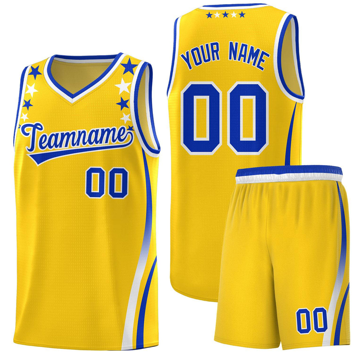 Custom Gold Shoulders Star Pattern Side Color Block Sports Uniform Basketball Kits
