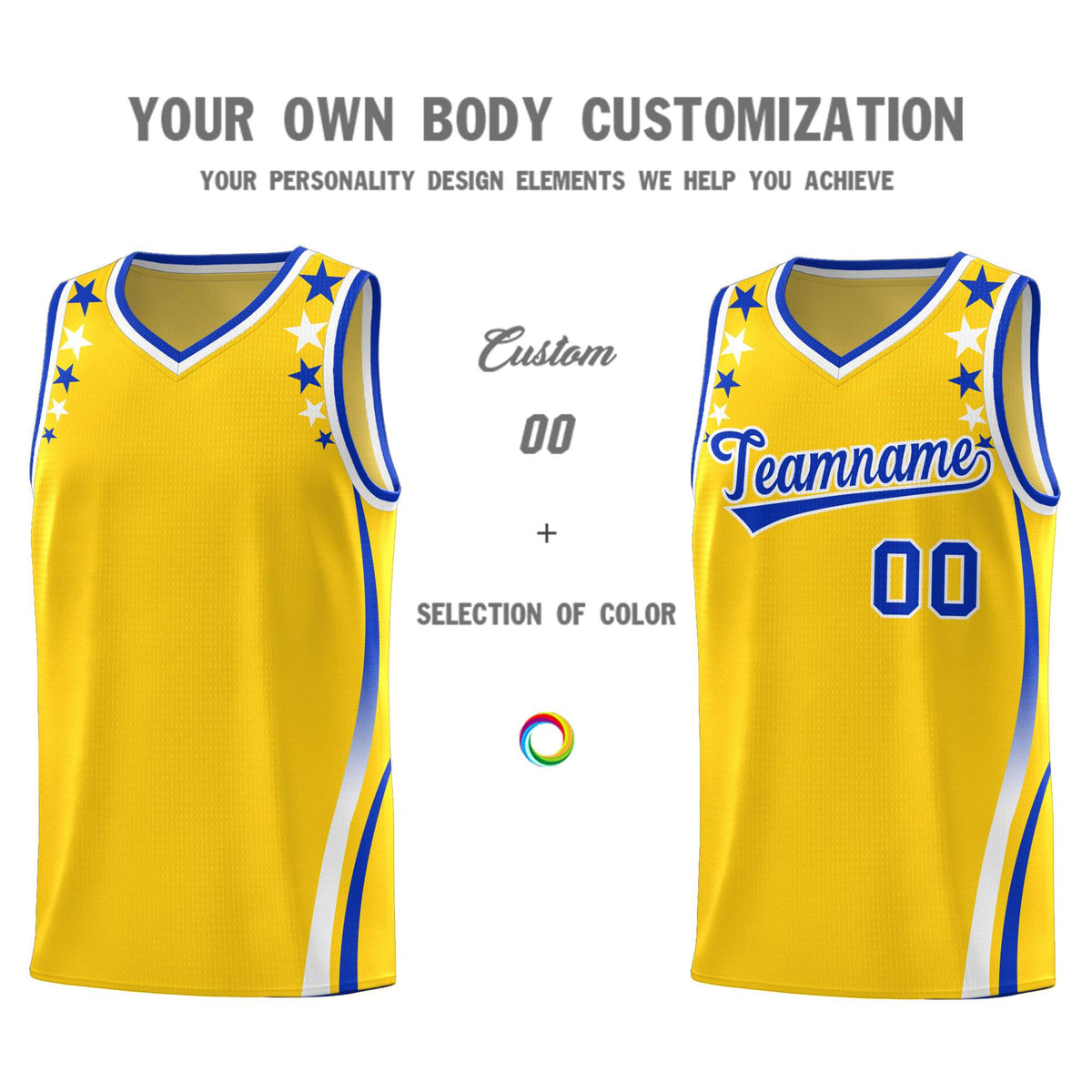 Custom Gold Shoulders Star Pattern Side Color Block Sports Uniform Basketball Kits