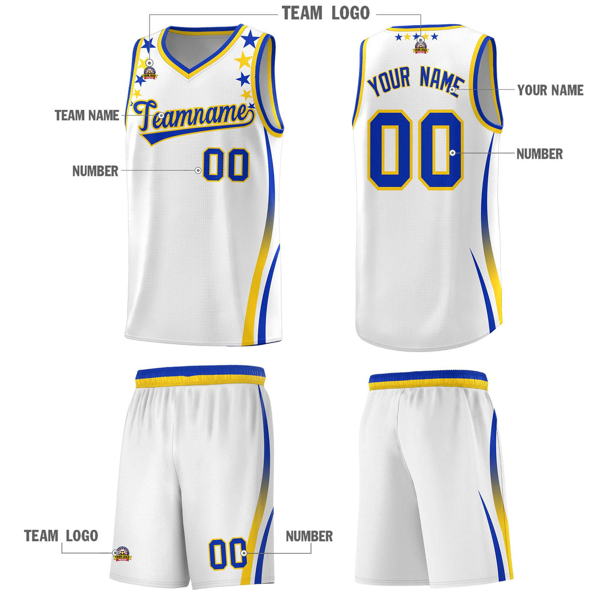 Custom White Shoulders Star Pattern Side Color Block Sports Uniform Basketball Kits