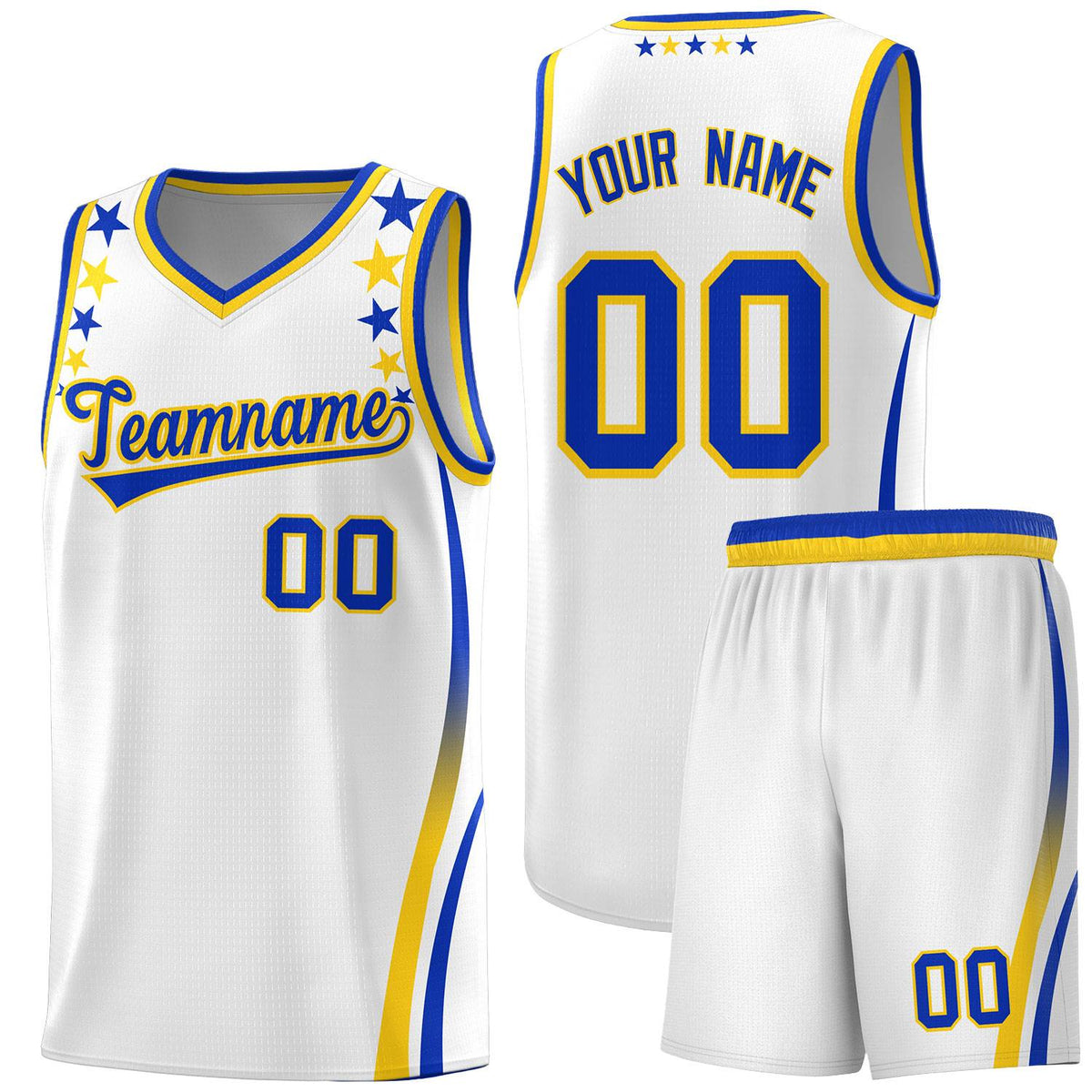 Custom White Shoulders Star Pattern Side Color Block Sports Uniform Basketball Kits