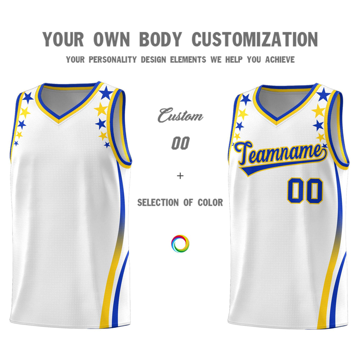Custom White Shoulders Star Pattern Side Color Block Sports Uniform Basketball Kits