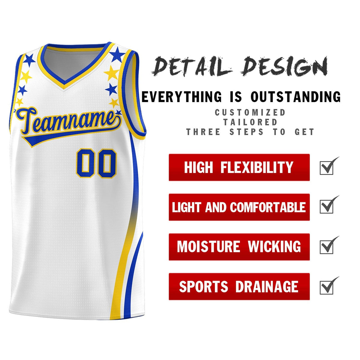 Custom White Shoulders Star Pattern Side Color Block Sports Uniform Basketball Kits
