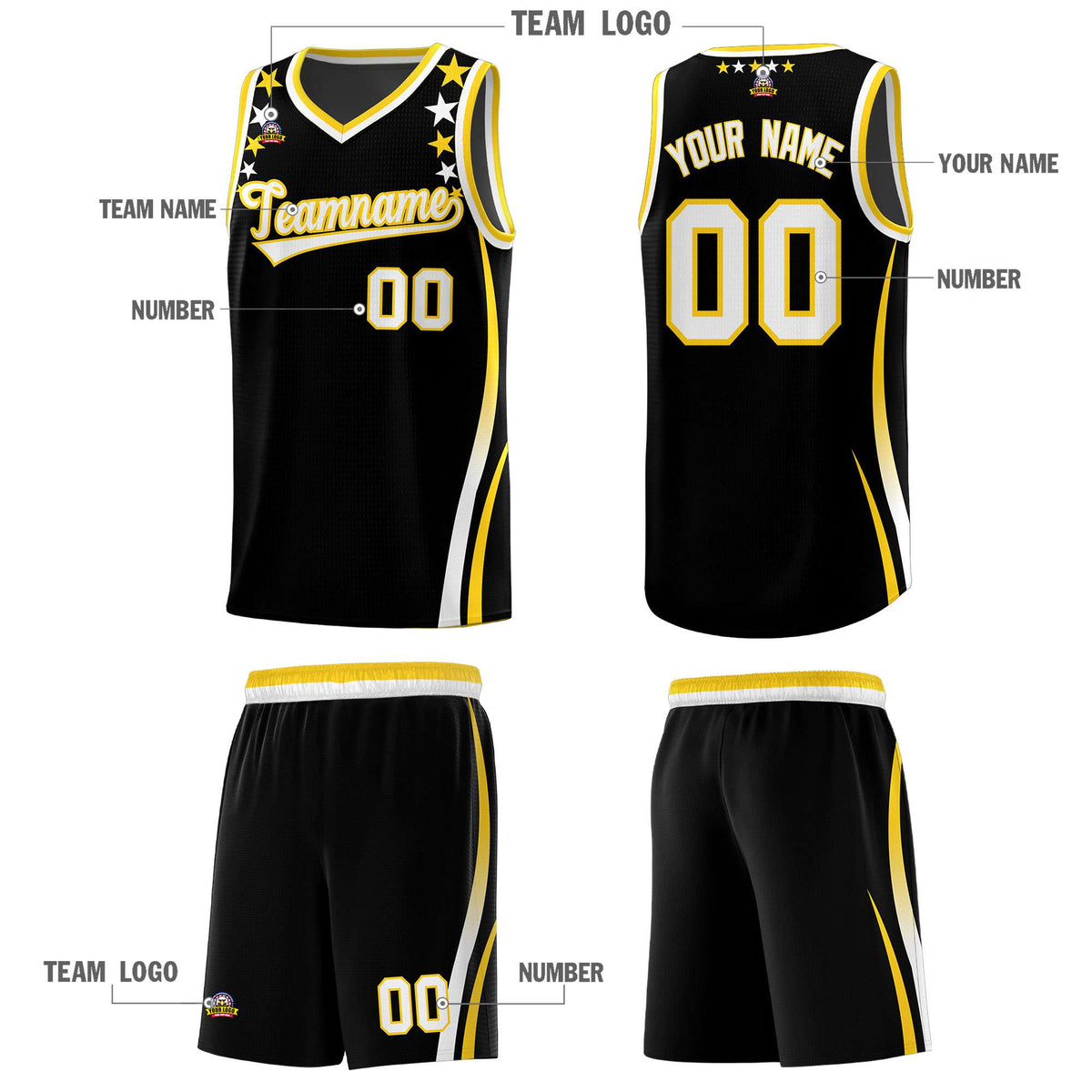 Custom Black Shoulders Star Pattern Side Color Block Sports Uniform Basketball Kits
