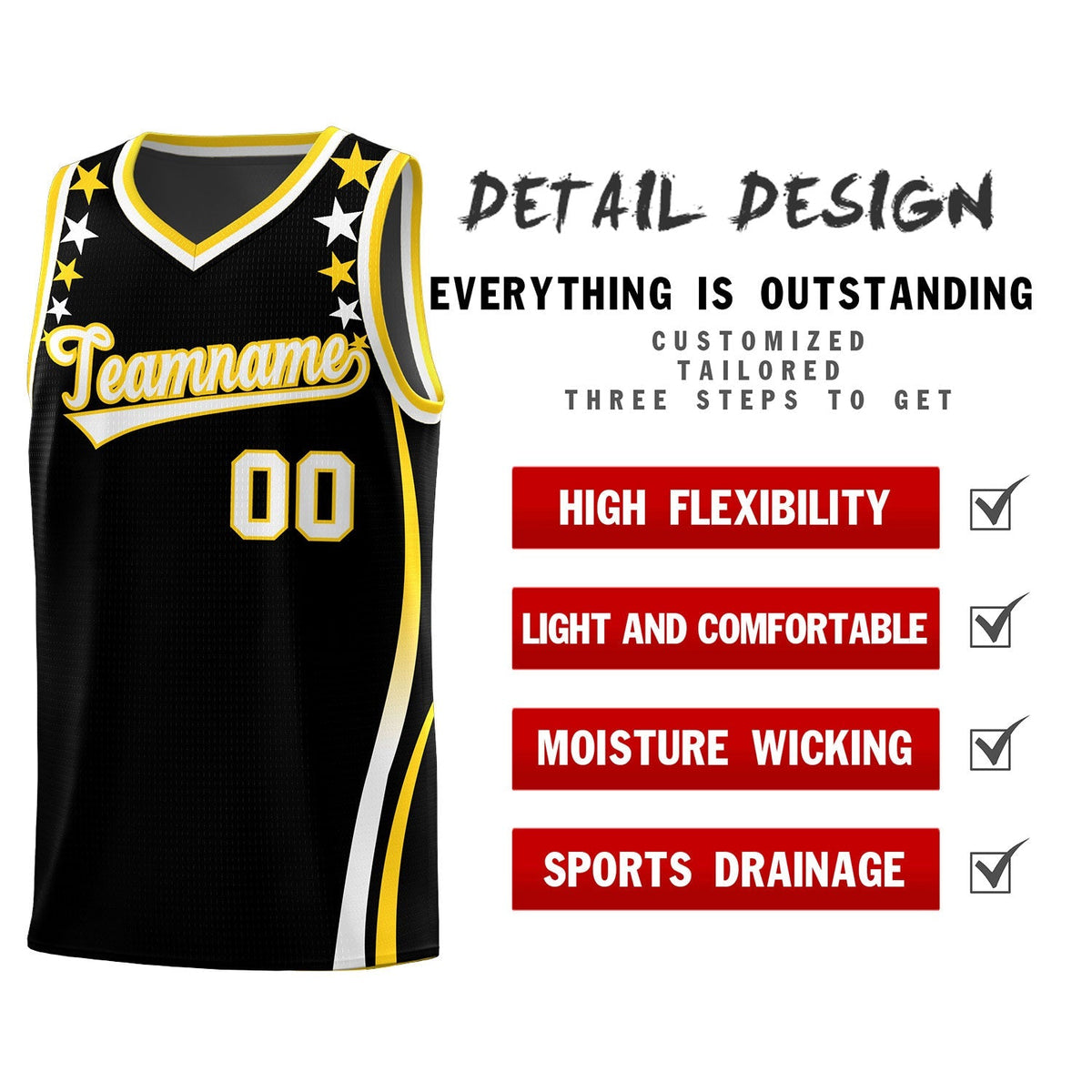 Custom Black Shoulders Star Pattern Side Color Block Sports Uniform Basketball Kits