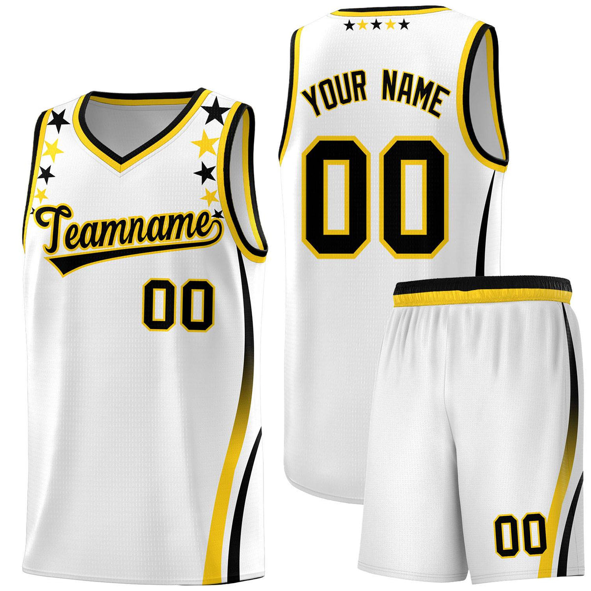 Custom White Shoulders Star Pattern Side Color Block Sports Uniform Basketball Kits