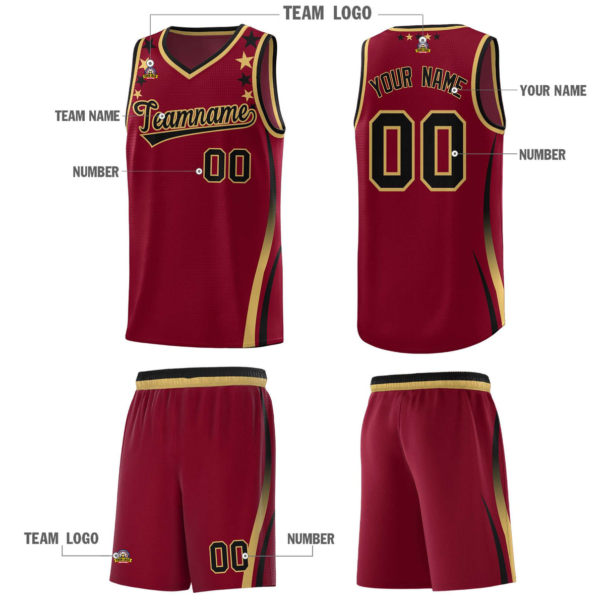 Custom Crimson Shoulders Star Pattern Side Color Block Sports Uniform Basketball Kits