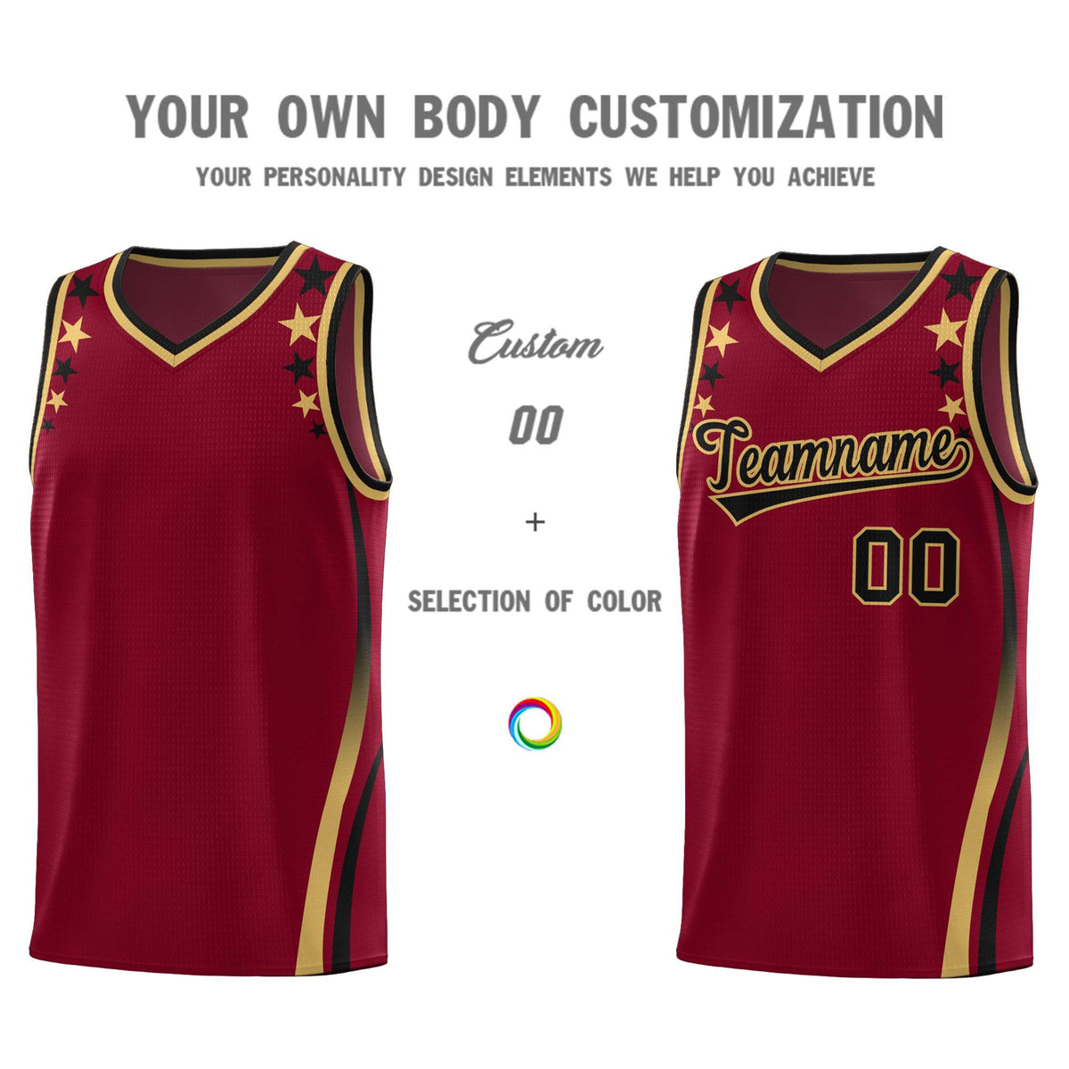 Custom Crimson Shoulders Star Pattern Side Color Block Sports Uniform Basketball Kits