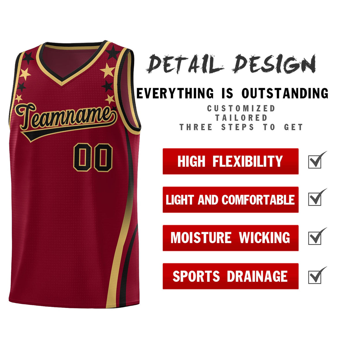 Custom Crimson Shoulders Star Pattern Side Color Block Sports Uniform Basketball Kits