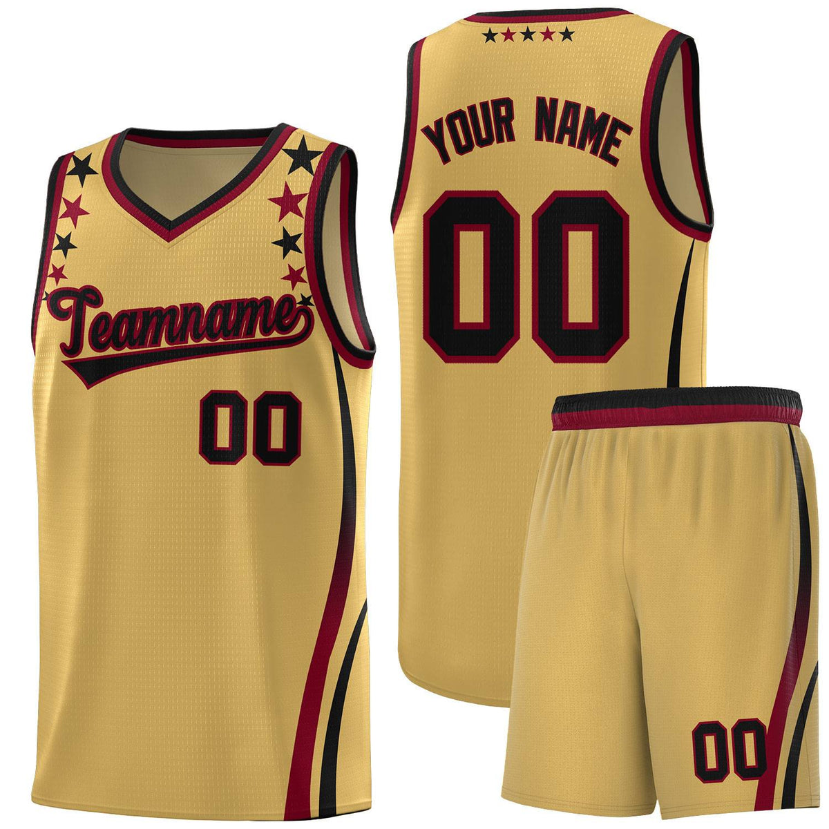 Custom Old Gold Shoulders Star Pattern Side Color Block Sports Uniform Basketball Kits