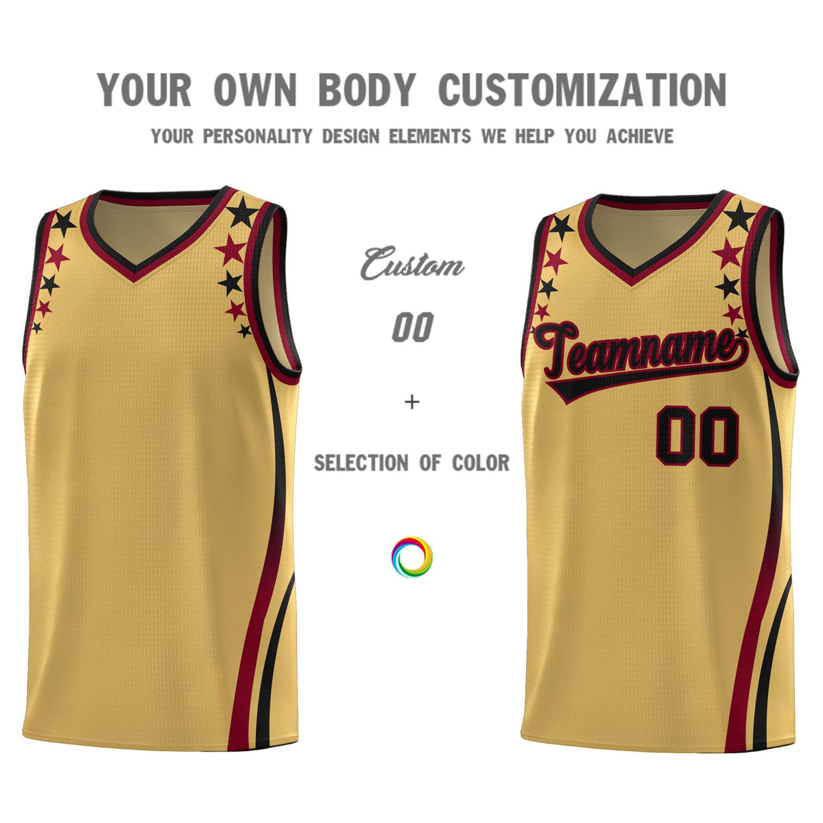 Custom Old Gold Shoulders Star Pattern Side Color Block Sports Uniform Basketball Kits