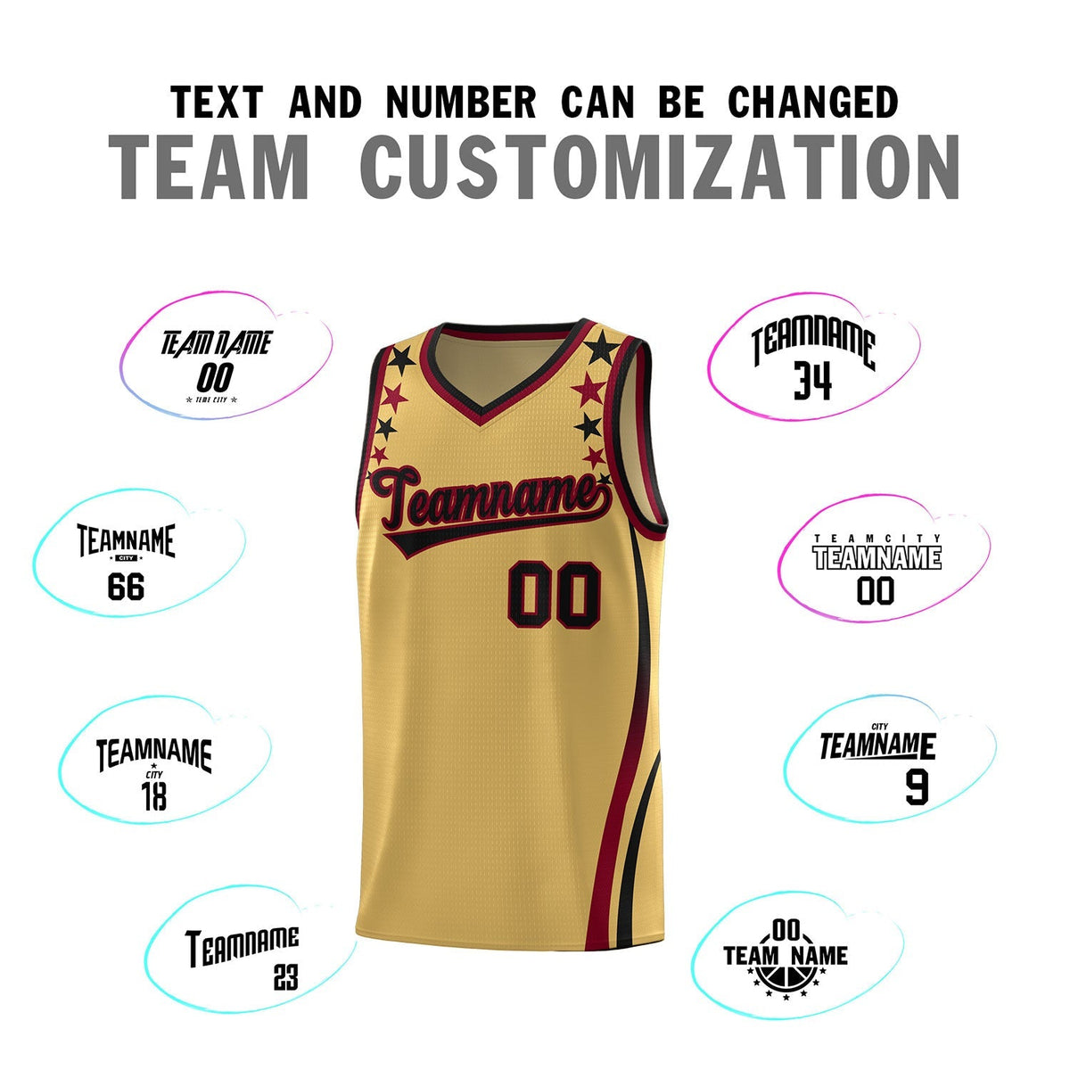 Custom Old Gold Shoulders Star Pattern Side Color Block Sports Uniform Basketball Kits