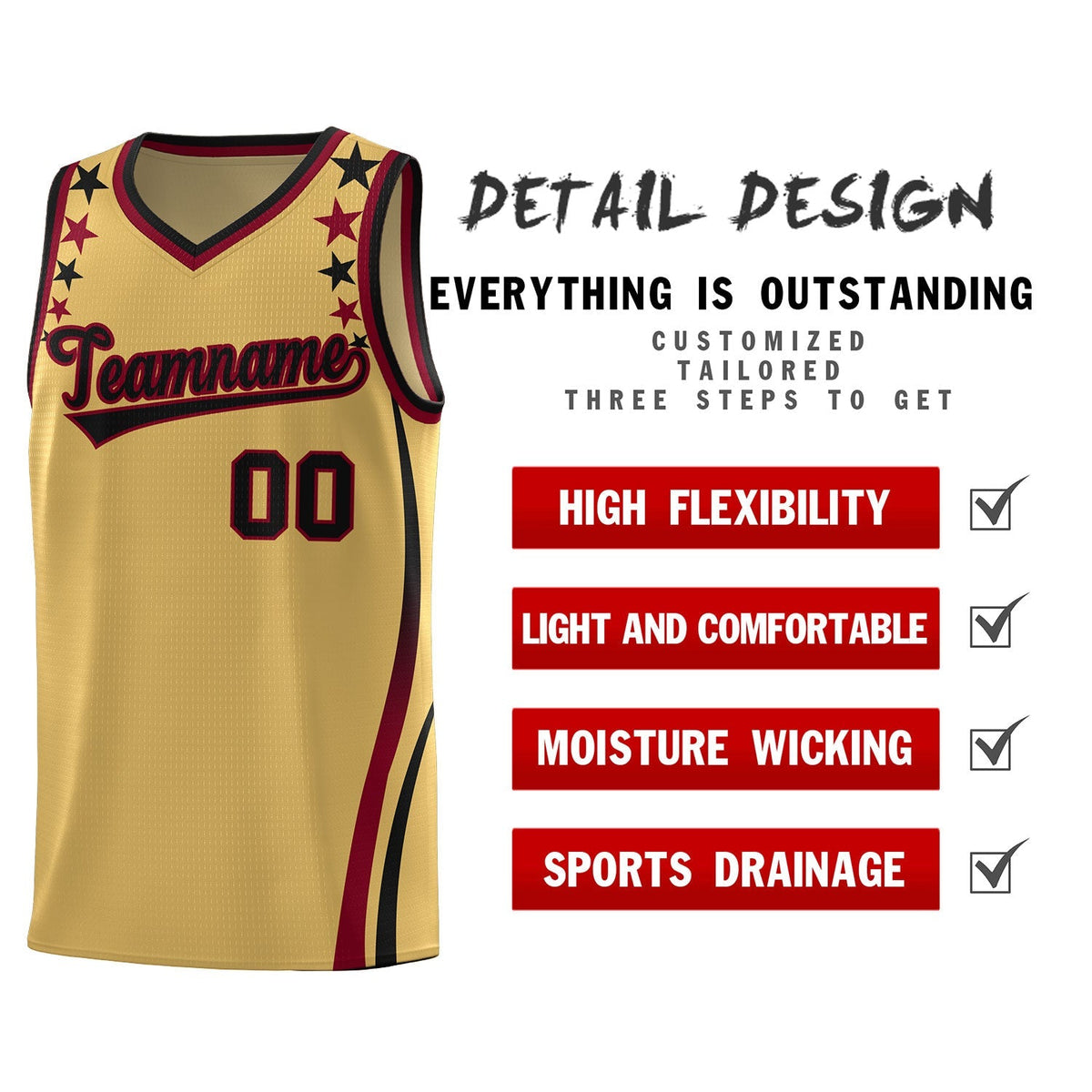 Custom Old Gold Shoulders Star Pattern Side Color Block Sports Uniform Basketball Kits