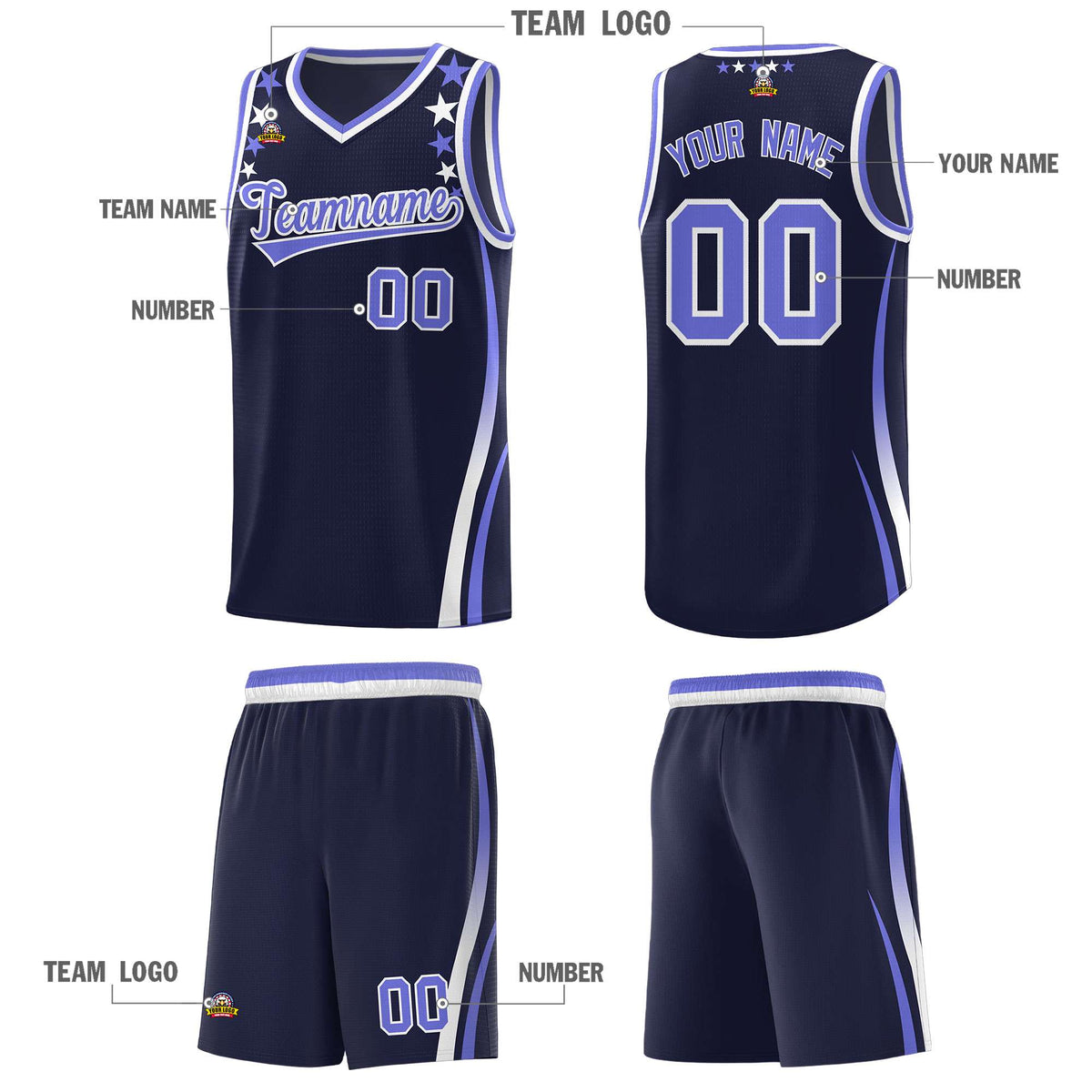 Custom Navy Shoulders Star Pattern Side Color Block Sports Uniform Basketball Kits