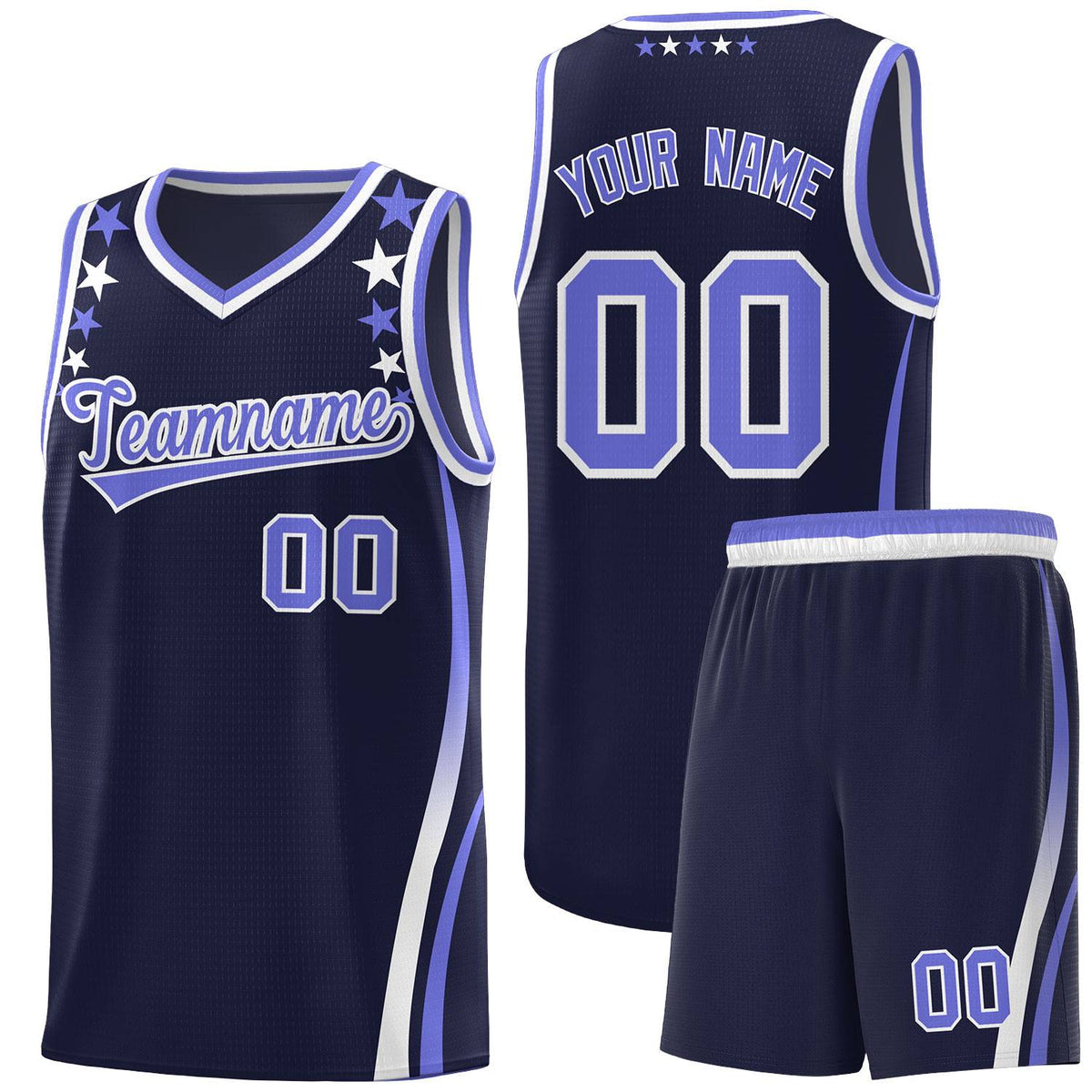 Custom Navy Shoulders Star Pattern Side Color Block Sports Uniform Basketball Kits